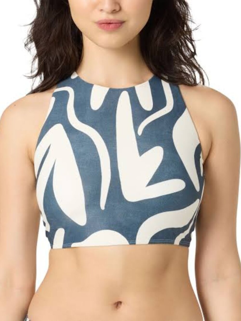 NWT Sol Angeles Swim Top Navy Blue Abstract Racerback High Neck Sz Large